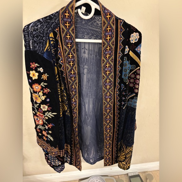 John Mark Jackets & Blazers - John Mark Embroidered Navy Velvet Open-Front Jacket with Multicolor Trim